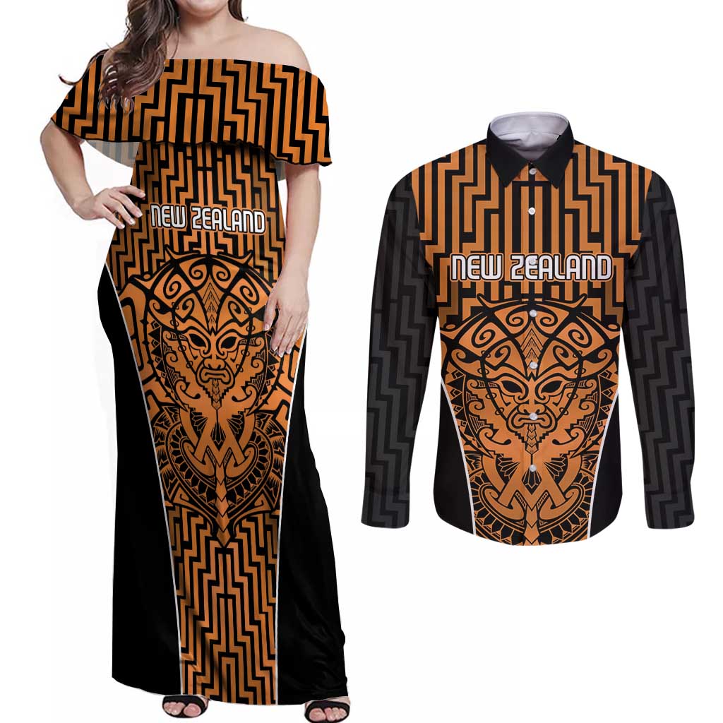 Custom Basketball New Zealand Couples Matching Off Shoulder Maxi Dress and Long Sleeve Button Shirt Gold Maori Ta Moko Indigenous - Polynesian Pride