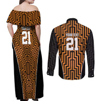 Custom Basketball New Zealand Couples Matching Off Shoulder Maxi Dress and Long Sleeve Button Shirt Gold Maori Ta Moko Indigenous LT9 - Polynesian Pride