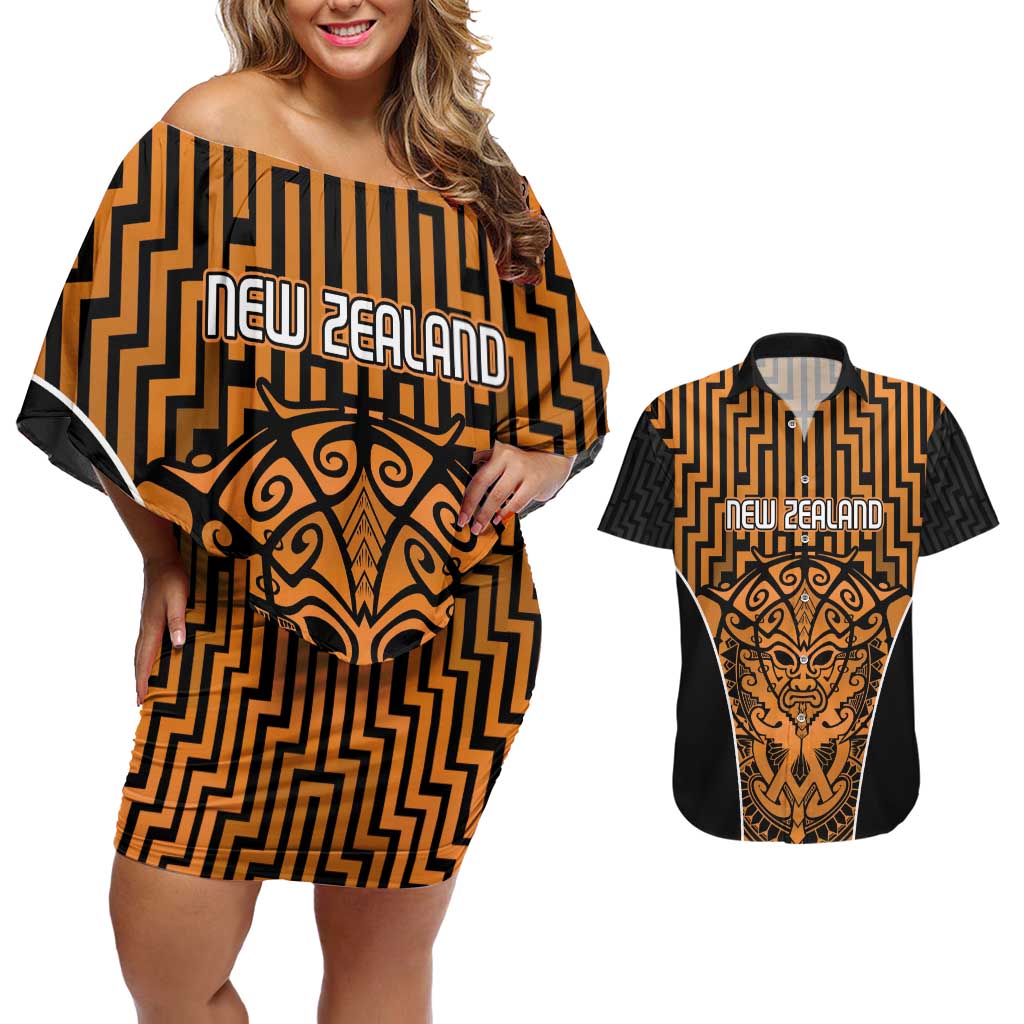 Custom Basketball New Zealand Couples Matching Off Shoulder Short Dress and Hawaiian Shirt Gold Maori Ta Moko Indigenous LT9 Gold - Polynesian Pride