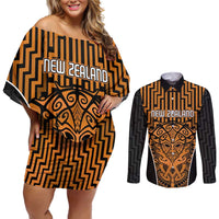 Custom Basketball New Zealand Couples Matching Off Shoulder Short Dress and Long Sleeve Button Shirt Gold Maori Ta Moko Indigenous LT9 Gold - Polynesian Pride