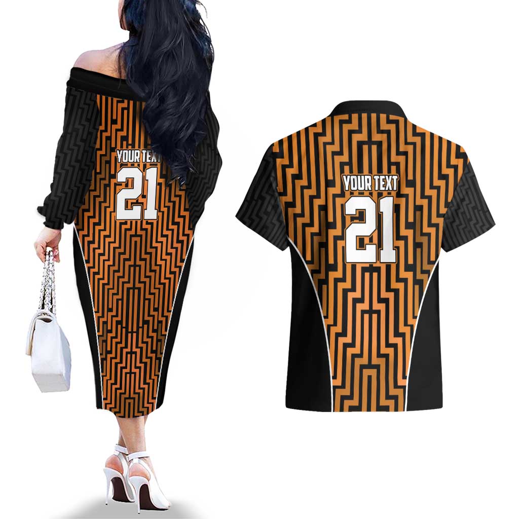 Custom Basketball New Zealand Couples Matching Off The Shoulder Long Sleeve Dress and Hawaiian Shirt Gold Maori Ta Moko Indigenous LT9 - Polynesian Pride