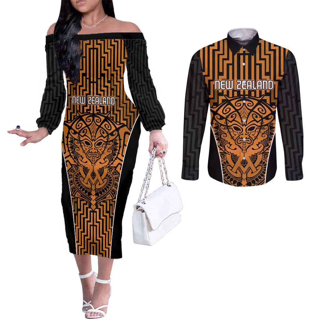Custom Basketball New Zealand Couples Matching Off The Shoulder Long Sleeve Dress and Long Sleeve Button Shirt Gold Maori Ta Moko Indigenous - Polynesian Pride