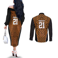 Custom Basketball New Zealand Couples Matching Off The Shoulder Long Sleeve Dress and Long Sleeve Button Shirt Gold Maori Ta Moko Indigenous LT9 - Polynesian Pride