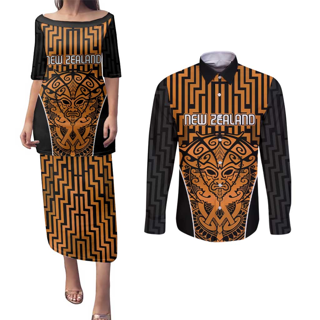 Custom Basketball New Zealand Couples Matching Puletasi and Long Sleeve Button Shirt Gold Maori Ta Moko Indigenous - Polynesian Pride