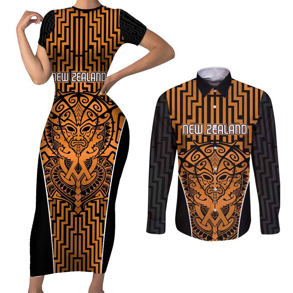 Custom Basketball New Zealand Couples Matching Short Sleeve Bodycon Dress and Long Sleeve Button Shirt Gold Maori Ta Moko Indigenous LT9 Gold - Polynesian Pride