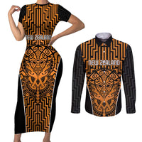 Custom Basketball New Zealand Couples Matching Short Sleeve Bodycon Dress and Long Sleeve Button Shirt Gold Maori Ta Moko Indigenous LT9 Gold - Polynesian Pride