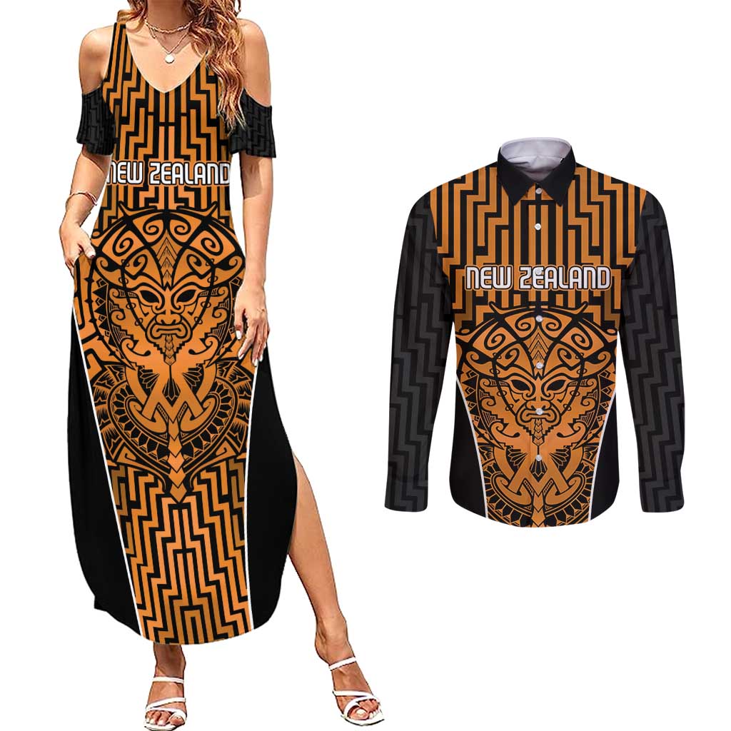 Custom Basketball New Zealand Couples Matching Summer Maxi Dress and Long Sleeve Button Shirt Gold Maori Ta Moko Indigenous - Polynesian Pride