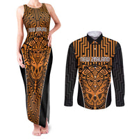 Custom Basketball New Zealand Couples Matching Tank Maxi Dress and Long Sleeve Button Shirt Gold Maori Ta Moko Indigenous LT9 Gold - Polynesian Pride