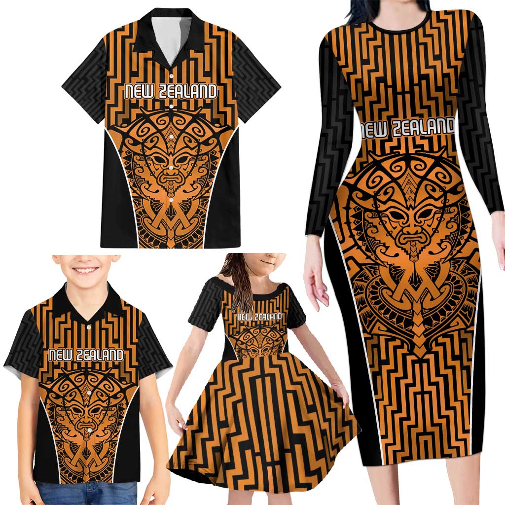 Custom Basketball New Zealand Family Matching Long Sleeve Bodycon Dress and Hawaiian Shirt Gold Maori Ta Moko Indigenous LT9 - Polynesian Pride