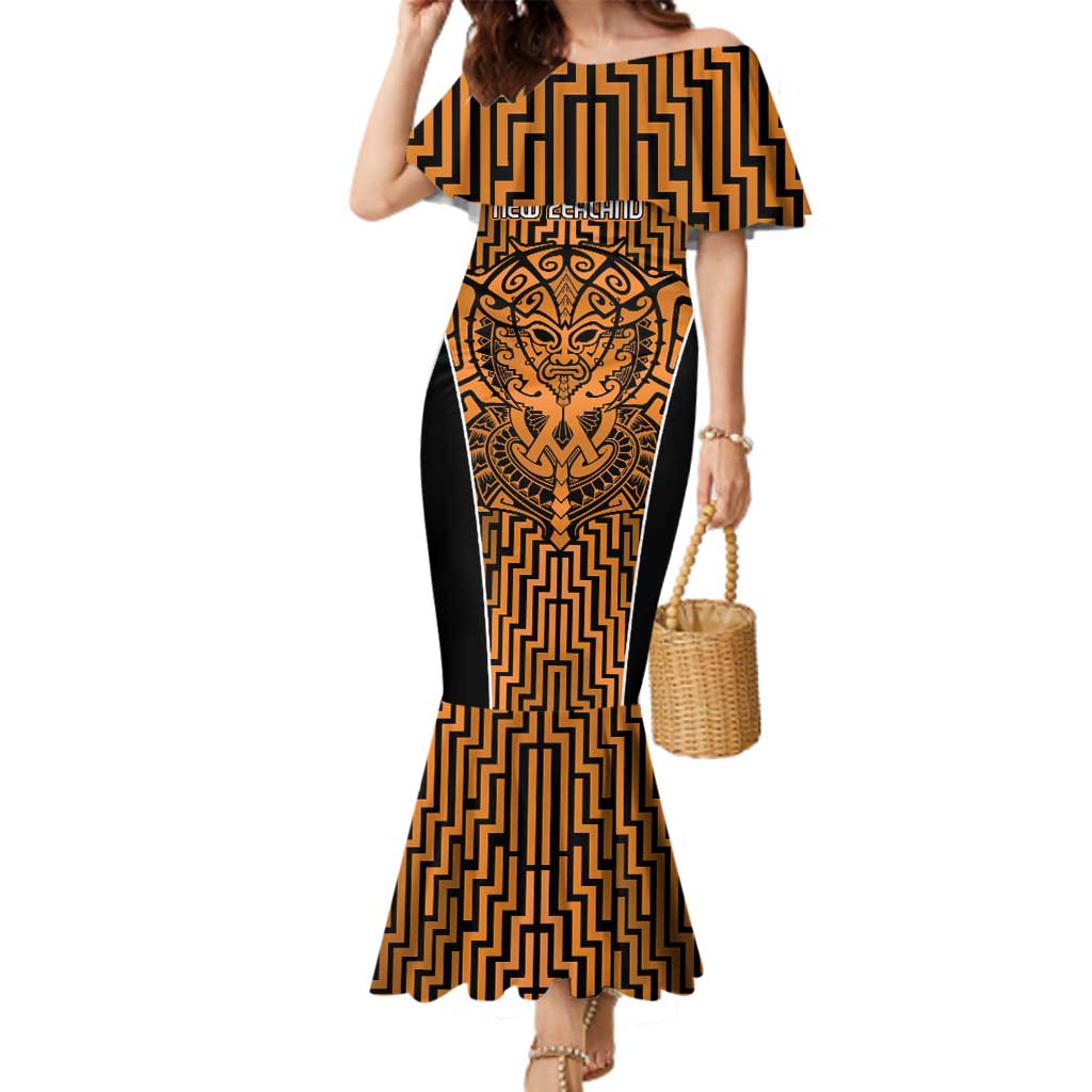 Custom Basketball New Zealand Family Matching Mermaid Dress and Hawaiian Shirt Gold Maori Ta Moko Indigenous LT9 Mom's Dress Gold - Polynesian Pride