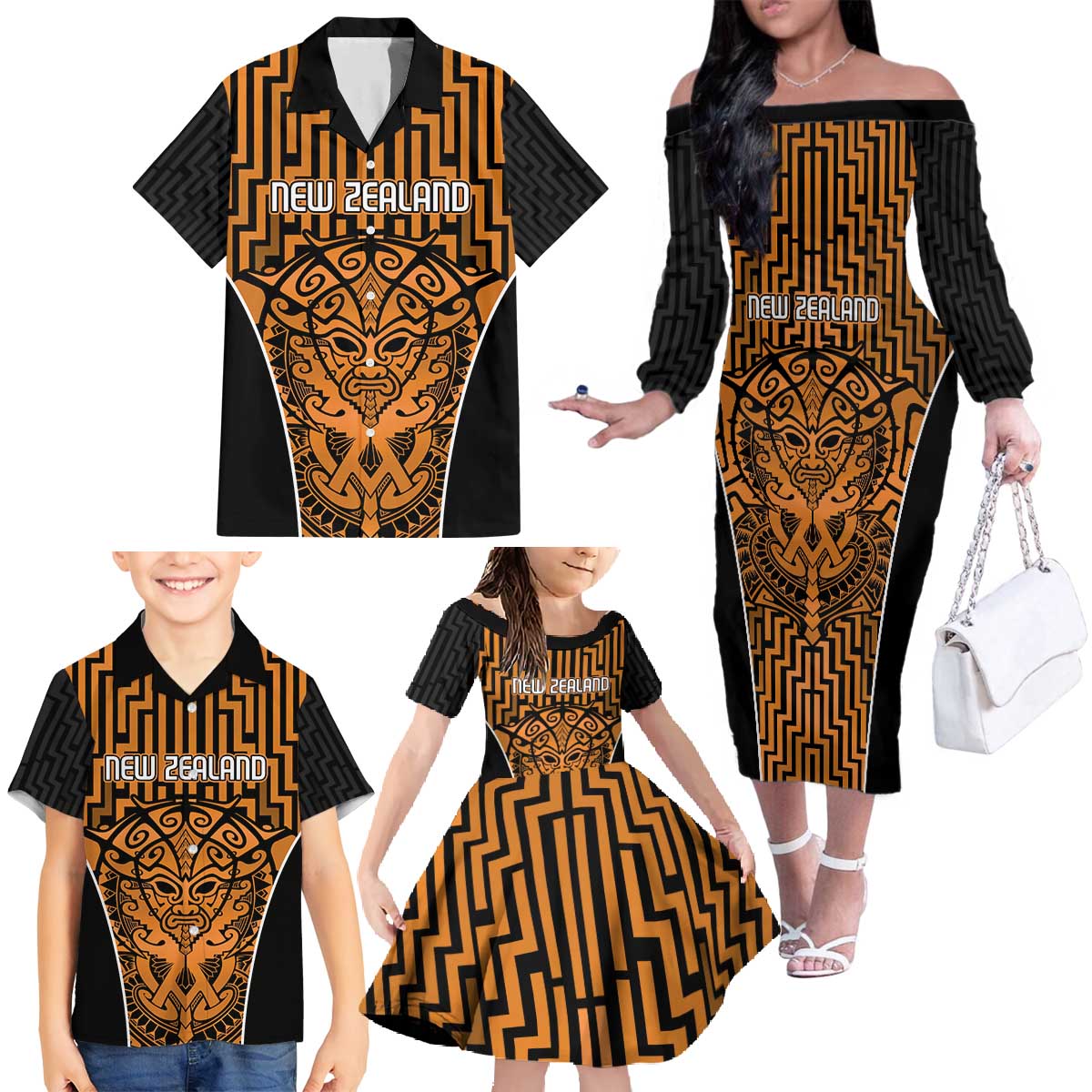 Custom Basketball New Zealand Family Matching Off The Shoulder Long Sleeve Dress and Hawaiian Shirt Gold Maori Ta Moko Indigenous LT9 - Polynesian Pride