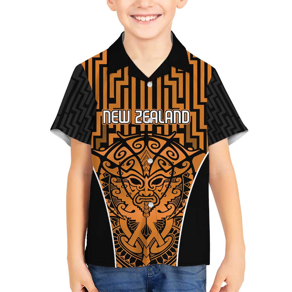 Custom Basketball New Zealand Family Matching Off Shoulder Maxi Dress and Hawaiian Shirt Gold Maori Ta Moko Indigenous LT9 Son's Shirt Gold - Polynesian Pride