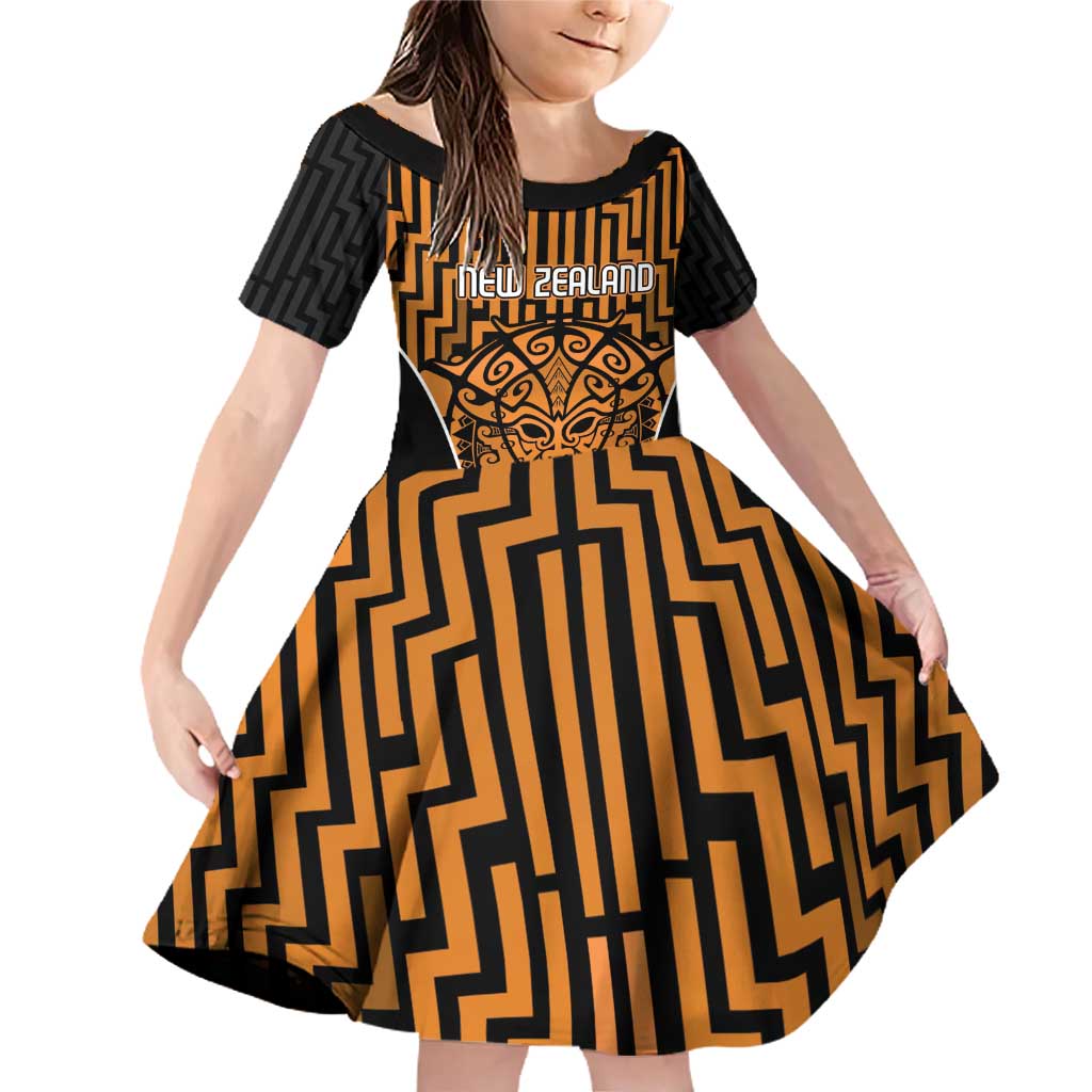Custom Basketball New Zealand Family Matching Off Shoulder Short Dress and Hawaiian Shirt Gold Maori Ta Moko Indigenous LT9 Daughter's Dress Gold - Polynesian Pride