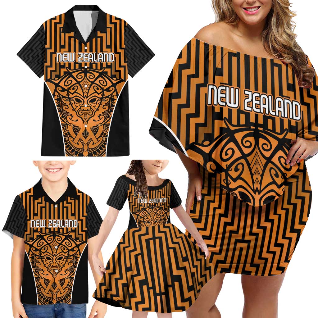 Custom Basketball New Zealand Family Matching Off Shoulder Short Dress and Hawaiian Shirt Gold Maori Ta Moko Indigenous LT9 - Polynesian Pride