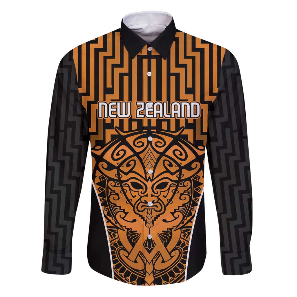 Custom Basketball New Zealand Family Matching Puletasi and Hawaiian Shirt Gold Maori Ta Moko Indigenous LT9 Dad's Shirt - Long Sleeve Gold - Polynesian Pride
