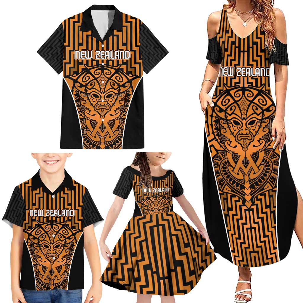 Custom Basketball New Zealand Family Matching Summer Maxi Dress and Hawaiian Shirt Gold Maori Ta Moko Indigenous LT9 - Polynesian Pride
