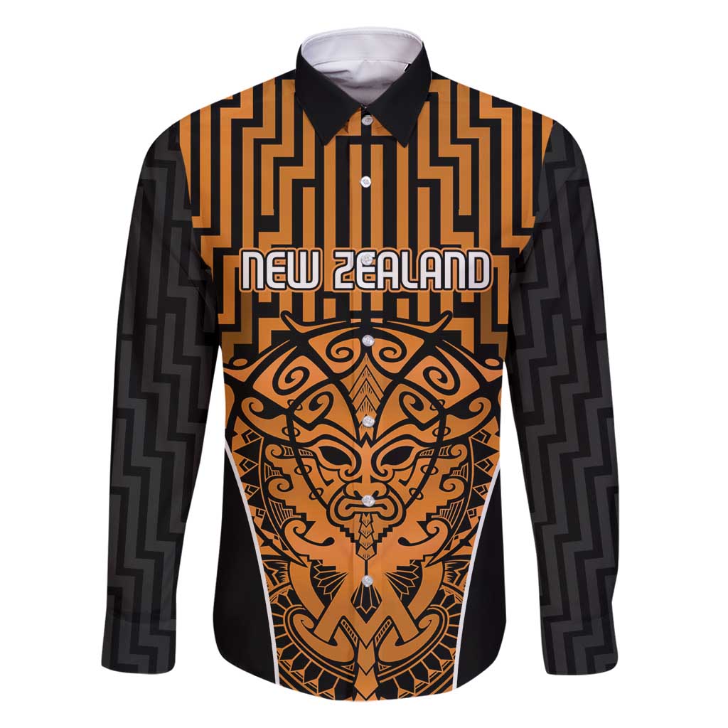 Custom Basketball New Zealand Family Matching Tank Maxi Dress and Hawaiian Shirt Gold Maori Ta Moko Indigenous LT9 Dad's Shirt - Long Sleeve Gold - Polynesian Pride