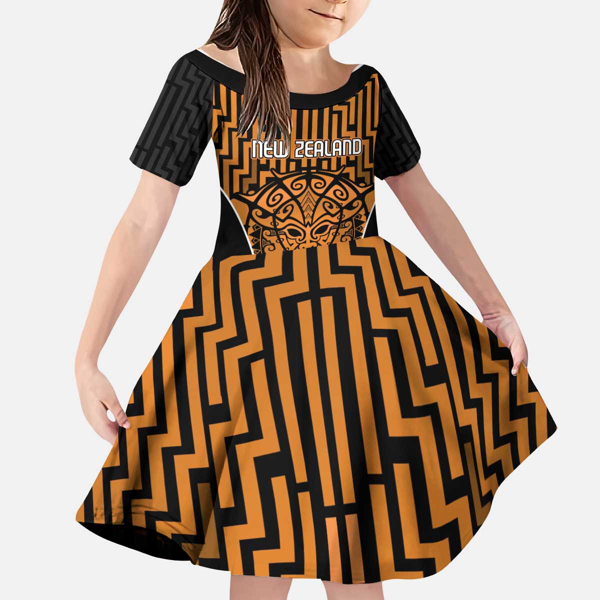 Custom Basketball New Zealand Kid Short Sleeve Dress Gold Maori Ta Moko Indigenous - Polynesian Pride