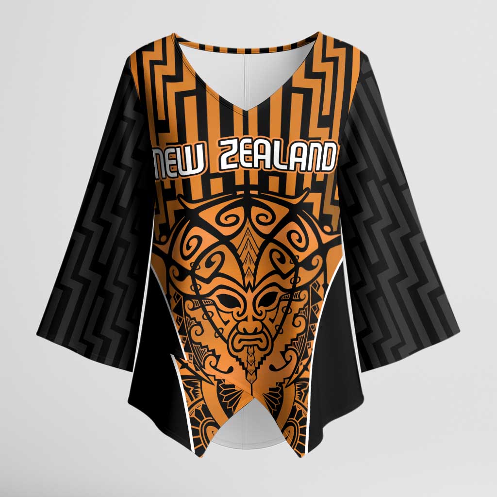 Custom Basketball New Zealand Kimono Sleeve Blouse Gold Maori Ta Moko Indigenous - Polynesian Pride