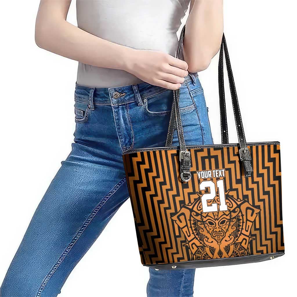 Custom Basketball New Zealand Leather Tote Bag Gold Maori Ta Moko Indigenous - Polynesian Pride