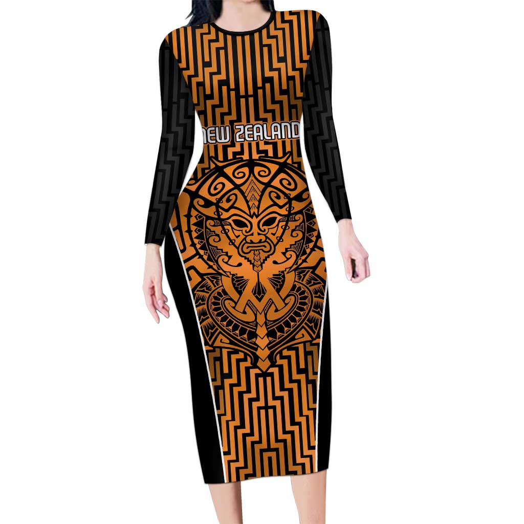 Custom Basketball New Zealand Long Sleeve Bodycon Dress Gold Maori Ta Moko Indigenous LT9 Long Dress Gold - Polynesian Pride