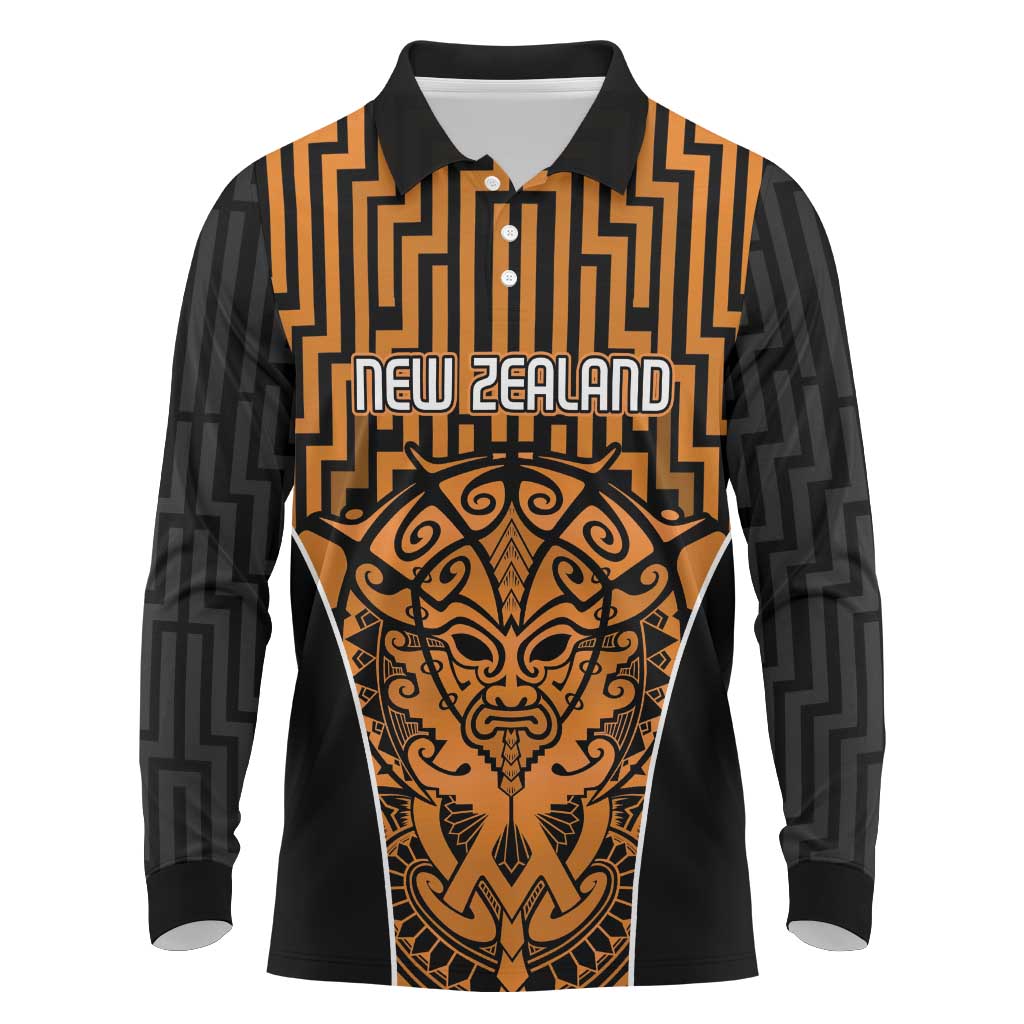 Custom Basketball New Zealand Long Sleeve Polo Shirt Gold Maori Ta Moko Indigenous - Polynesian Pride