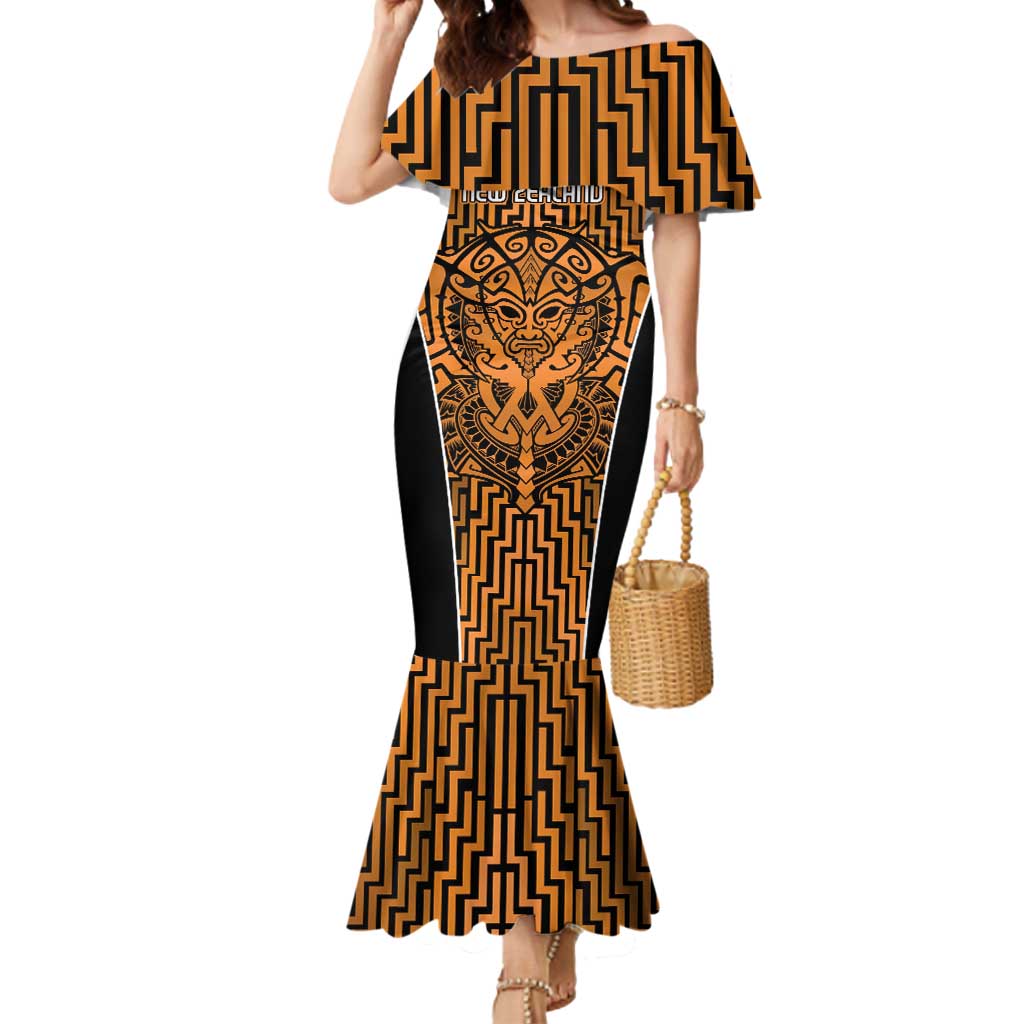 Custom Basketball New Zealand Mermaid Dress Gold Maori Ta Moko Indigenous - Polynesian Pride