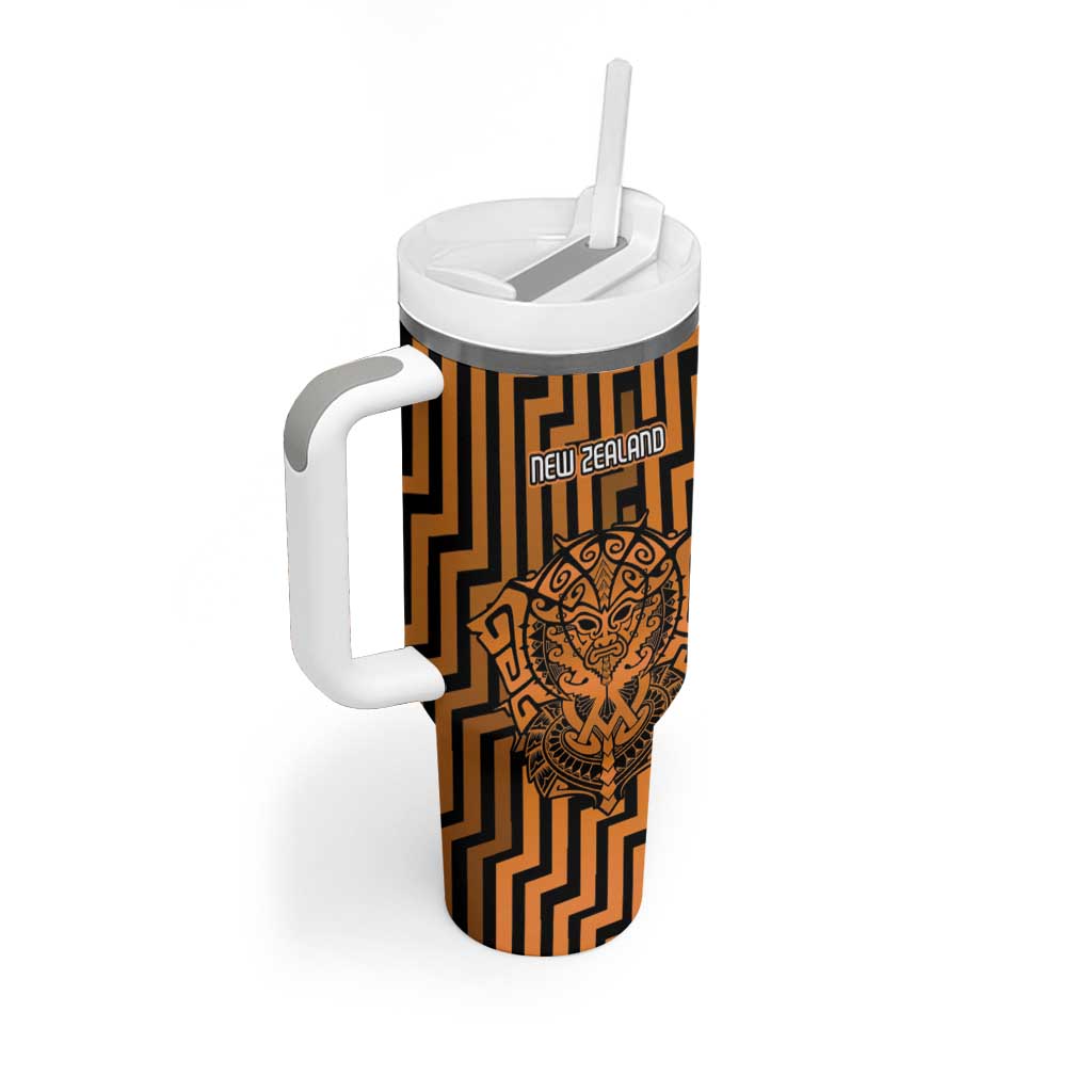 Custom Basketball New Zealand Tumbler With Handle Gold Maori Ta Moko Indigenous - Polynesian Pride