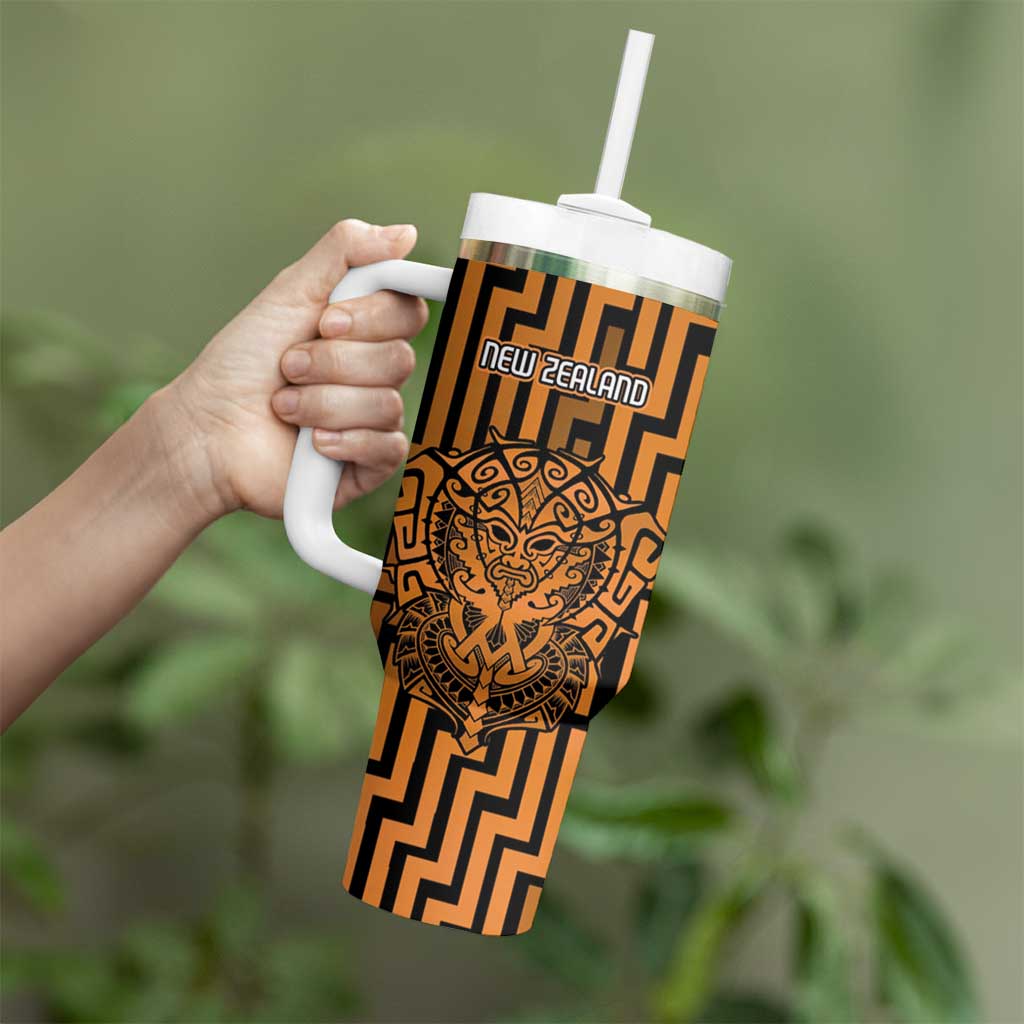 Custom Basketball New Zealand Tumbler With Handle Gold Maori Ta Moko Indigenous - Polynesian Pride