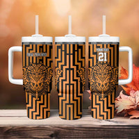 Custom Basketball New Zealand Tumbler With Handle Gold Maori Ta Moko Indigenous - Polynesian Pride