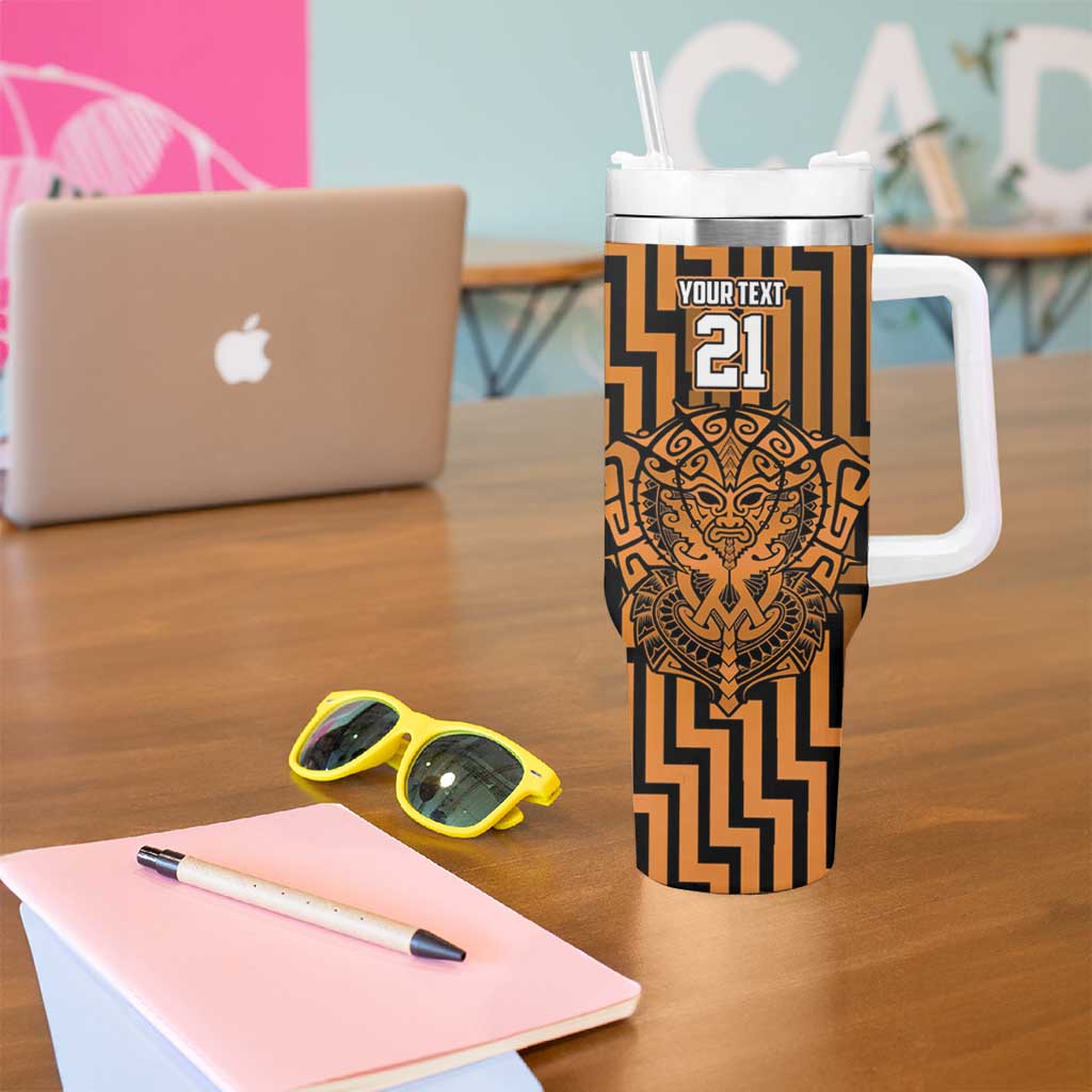 Custom Basketball New Zealand Tumbler With Handle Gold Maori Ta Moko Indigenous - Polynesian Pride