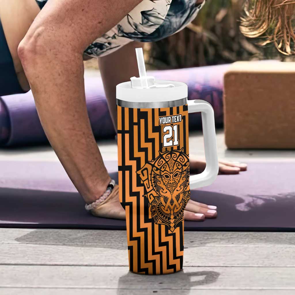 Custom Basketball New Zealand Tumbler With Handle Gold Maori Ta Moko Indigenous - Polynesian Pride