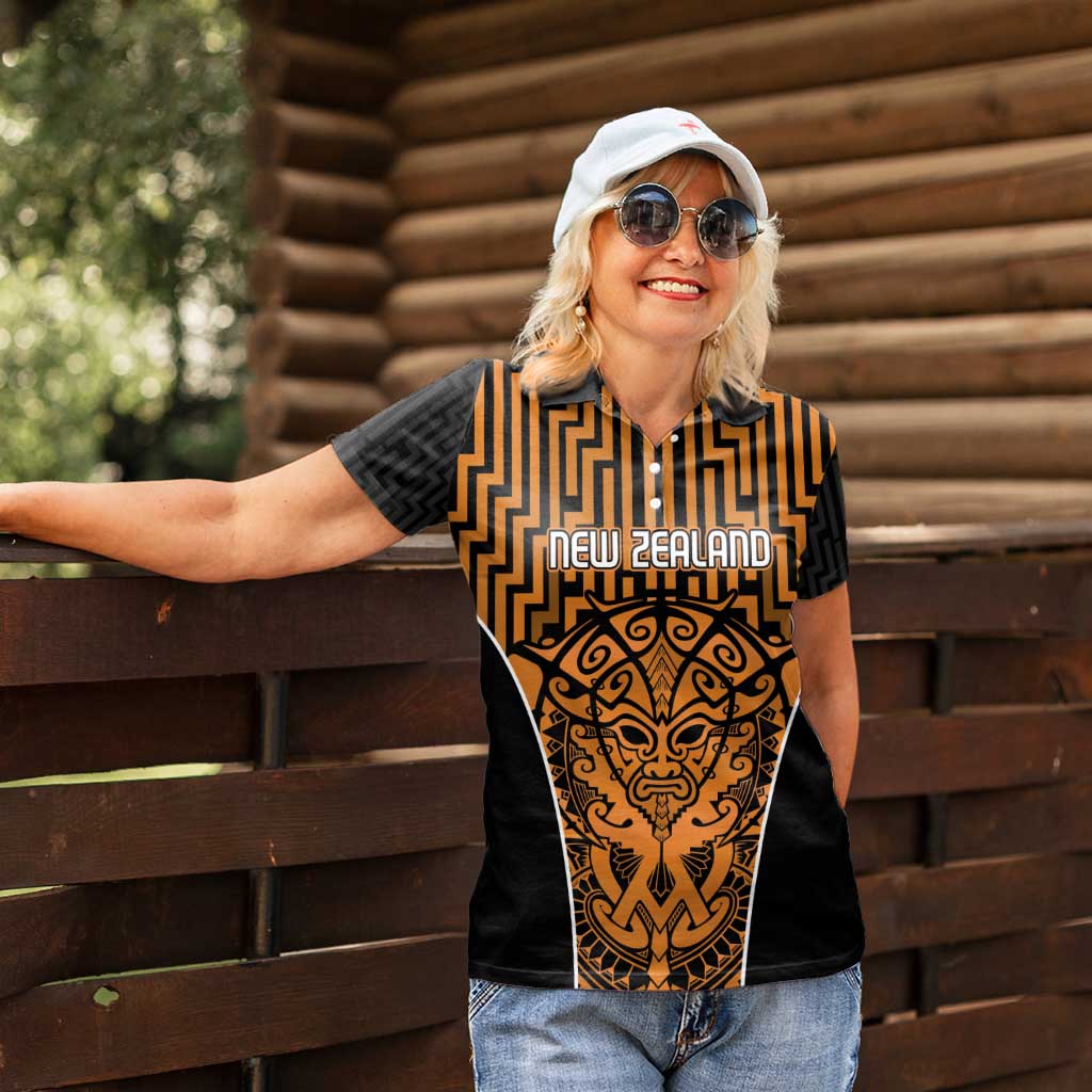 Custom Basketball New Zealand Women Polo Shirt Gold Maori Ta Moko Indigenous LT9 - Polynesian Pride