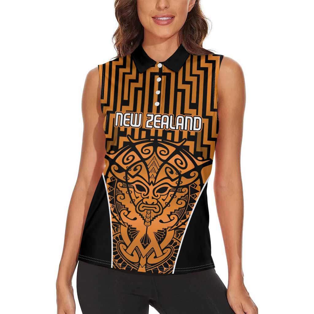 Custom Basketball New Zealand Women Sleeveless Polo Shirt Gold Maori Ta Moko Indigenous LT9 - Polynesian Pride