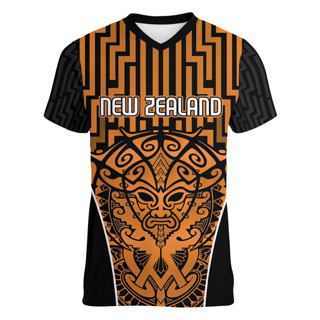 Custom Basketball New Zealand Women V-Neck T-Shirt Gold Maori Ta Moko Indigenous - Polynesian Pride