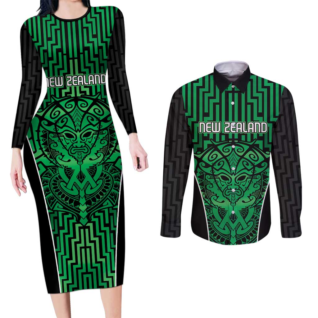 Custom Basketball New Zealand Couples Matching Long Sleeve Bodycon Dress and Long Sleeve Button Shirt Green Maori Ta Moko Indigenous - Polynesian Pride