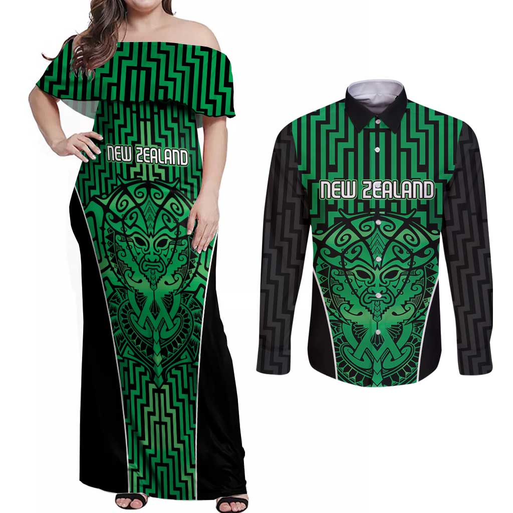 Custom Basketball New Zealand Couples Matching Off Shoulder Maxi Dress and Long Sleeve Button Shirt Green Maori Ta Moko Indigenous LT9 Green - Polynesian Pride