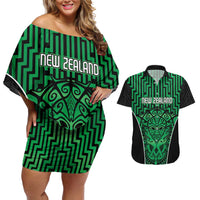 Custom Basketball New Zealand Couples Matching Off Shoulder Short Dress and Hawaiian Shirt Green Maori Ta Moko Indigenous LT9 Green - Polynesian Pride