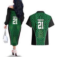 Custom Basketball New Zealand Couples Matching Off The Shoulder Long Sleeve Dress and Hawaiian Shirt Green Maori Ta Moko Indigenous LT9 - Polynesian Pride