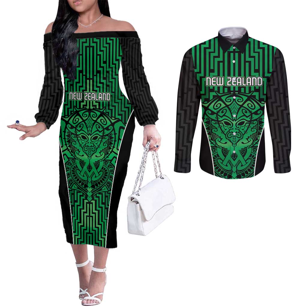 Custom Basketball New Zealand Couples Matching Off The Shoulder Long Sleeve Dress and Long Sleeve Button Shirt Green Maori Ta Moko Indigenous - Polynesian Pride