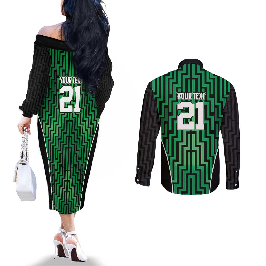Custom Basketball New Zealand Couples Matching Off The Shoulder Long Sleeve Dress and Long Sleeve Button Shirt Green Maori Ta Moko Indigenous LT9 - Polynesian Pride