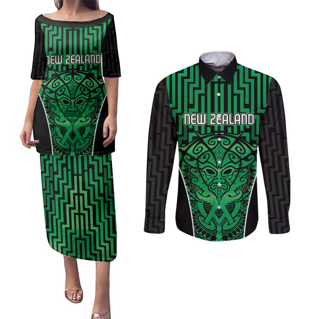 Custom Basketball New Zealand Couples Matching Puletasi and Long Sleeve Button Shirt Green Maori Ta Moko Indigenous LT9 Green - Polynesian Pride