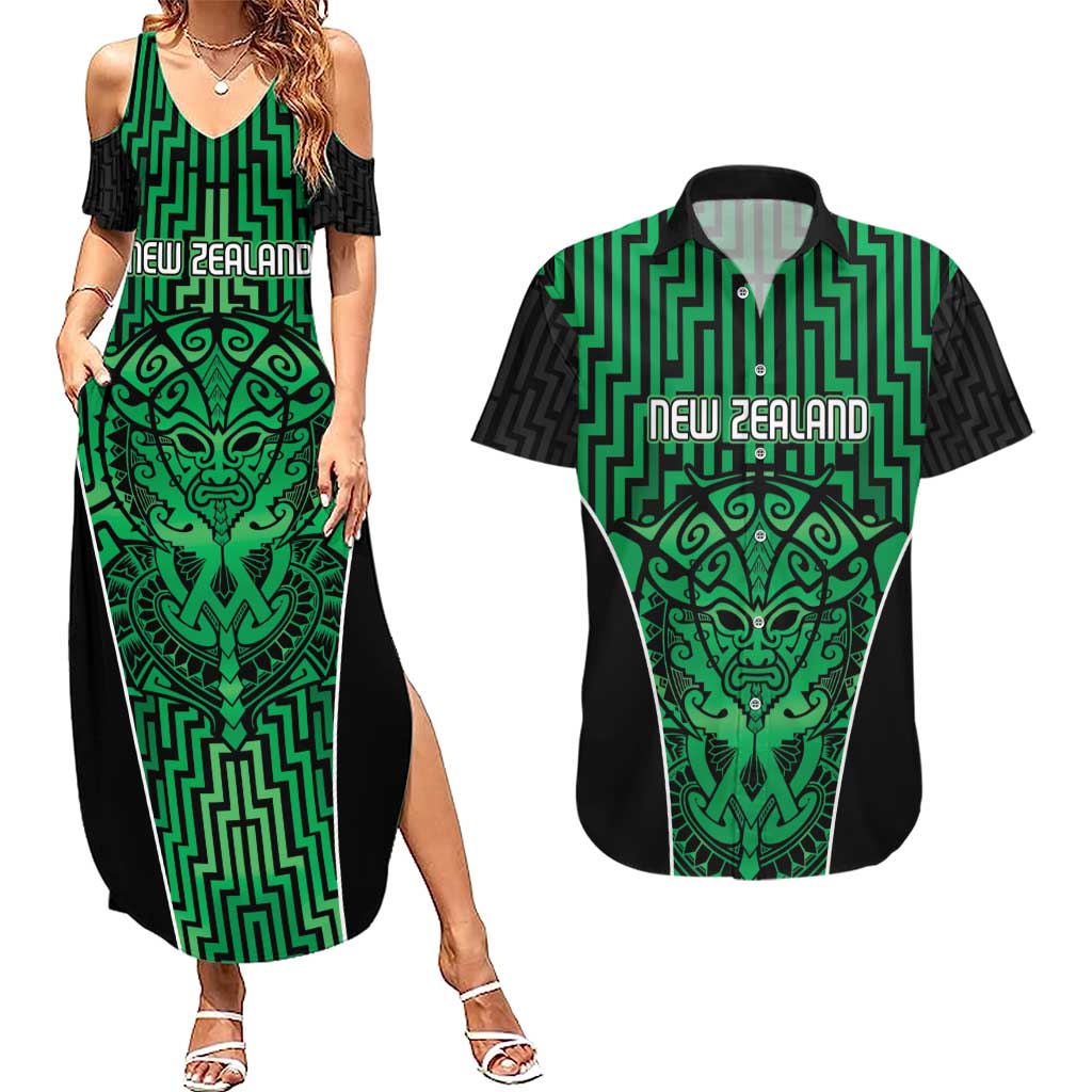 Custom Basketball New Zealand Couples Matching Summer Maxi Dress and Hawaiian Shirt Green Maori Ta Moko Indigenous - Polynesian Pride