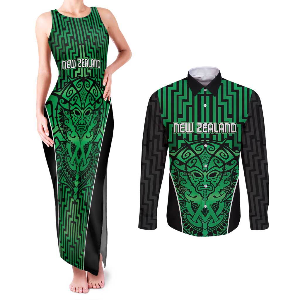 Custom Basketball New Zealand Couples Matching Tank Maxi Dress and Long Sleeve Button Shirt Green Maori Ta Moko Indigenous LT9 Green - Polynesian Pride