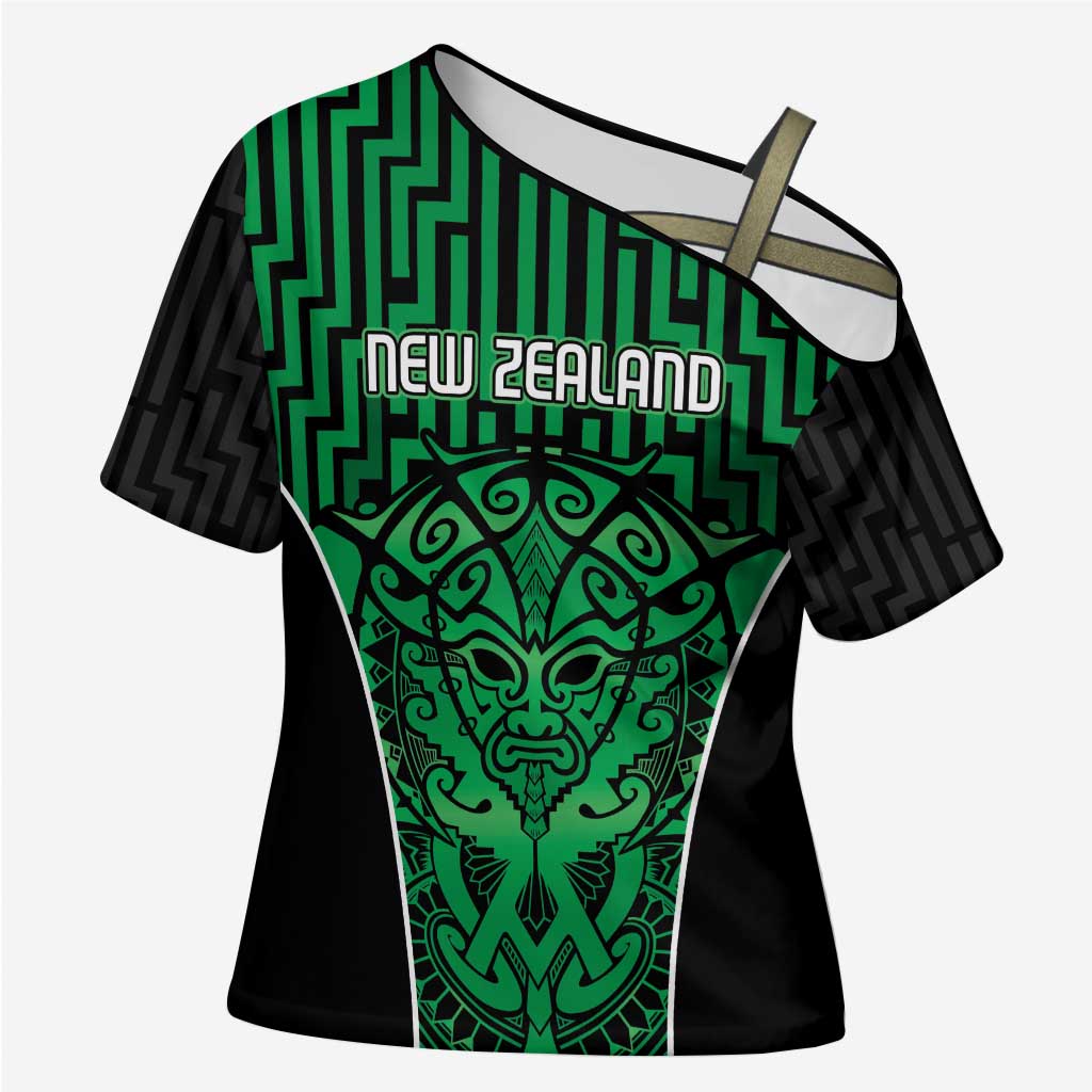 Custom Basketball New Zealand Cross Shoulder Shirt Green Maori Ta Moko Indigenous - Polynesian Pride