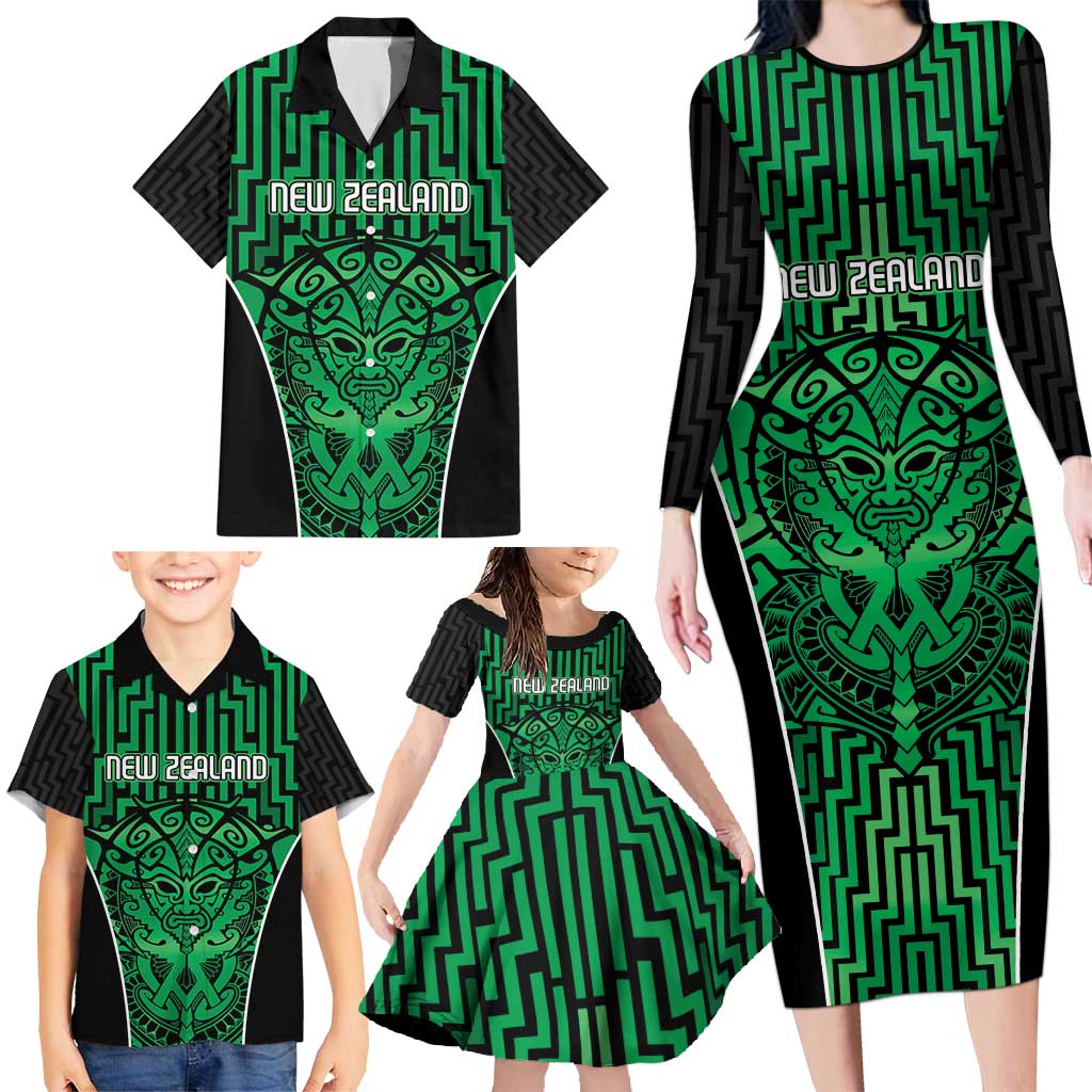 Custom Basketball New Zealand Family Matching Long Sleeve Bodycon Dress and Hawaiian Shirt Green Maori Ta Moko Indigenous LT9 - Polynesian Pride