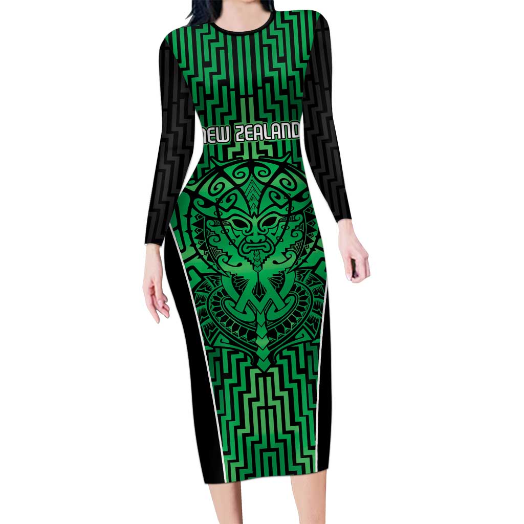 Custom Basketball New Zealand Family Matching Long Sleeve Bodycon Dress and Hawaiian Shirt Green Maori Ta Moko Indigenous LT9 Mom's Dress Green - Polynesian Pride