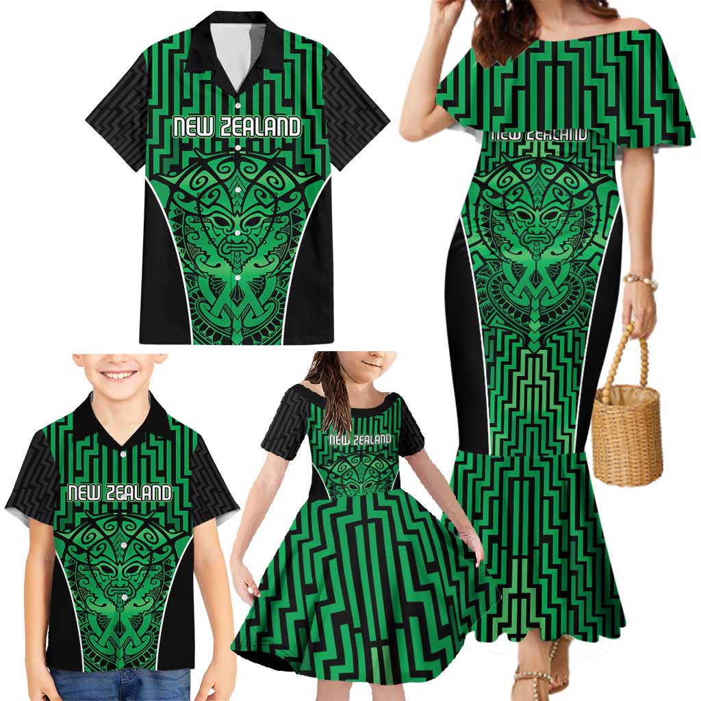 Custom Basketball New Zealand Family Matching Mermaid Dress and Hawaiian Shirt Green Maori Ta Moko Indigenous LT9 - Polynesian Pride