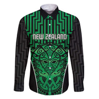Custom Basketball New Zealand Family Matching Off The Shoulder Long Sleeve Dress and Hawaiian Shirt Green Maori Ta Moko Indigenous LT9 Dad's Shirt - Long Sleeve Green - Polynesian Pride
