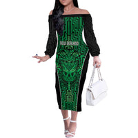Custom Basketball New Zealand Family Matching Off The Shoulder Long Sleeve Dress and Hawaiian Shirt Green Maori Ta Moko Indigenous LT9 Mom's Dress Green - Polynesian Pride